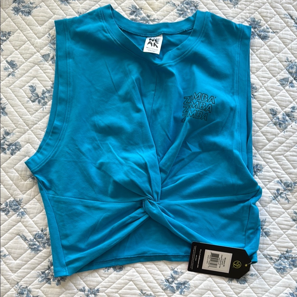 Zumba Fitness Blue Sleeveless Muscle Tee with Tie Front